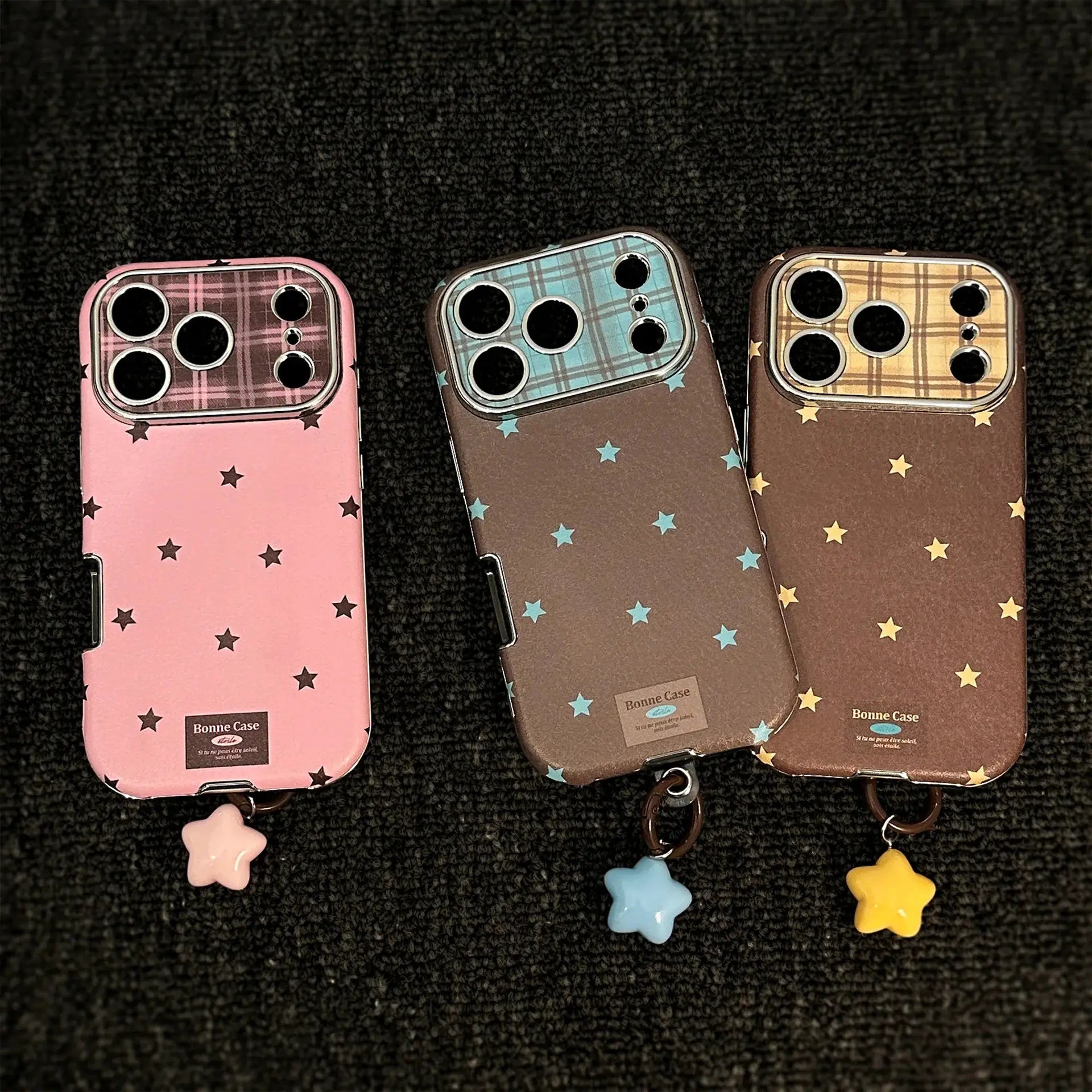 Korean retro stars leather phone case set for iPhone (3-pack) in pink, blue and brown with plaid camera and star pendants