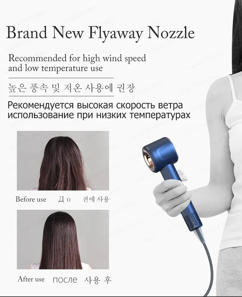 Simples Market blue 220V hair dryer with negative ion technology, shown with before and after hair results.