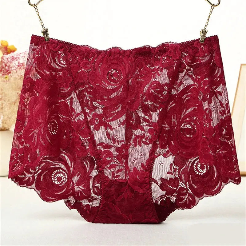 Plus-size burgundy lace high-waist panties with sheer floral pattern