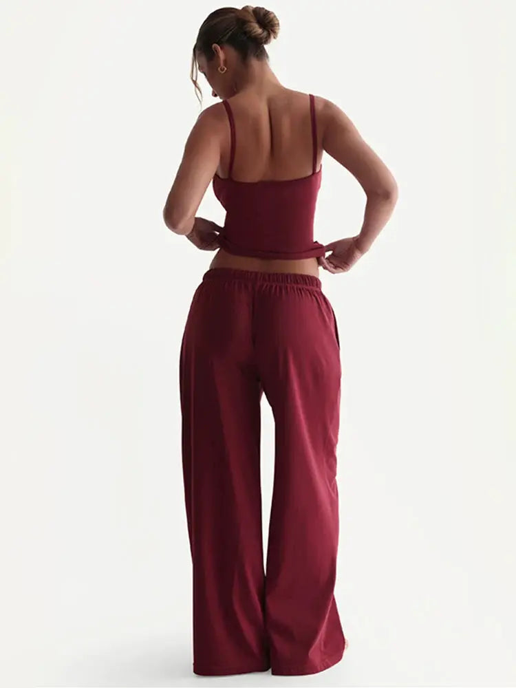 Kliou Women Two Piece Set U Neck Backless Camisole Top Pants