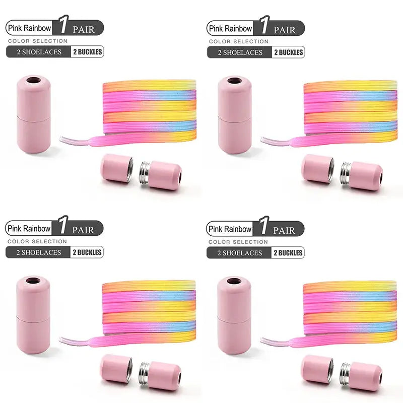 No-tie elastic shoelaces, Pink Rainbow with buckles, 4 pairs shown