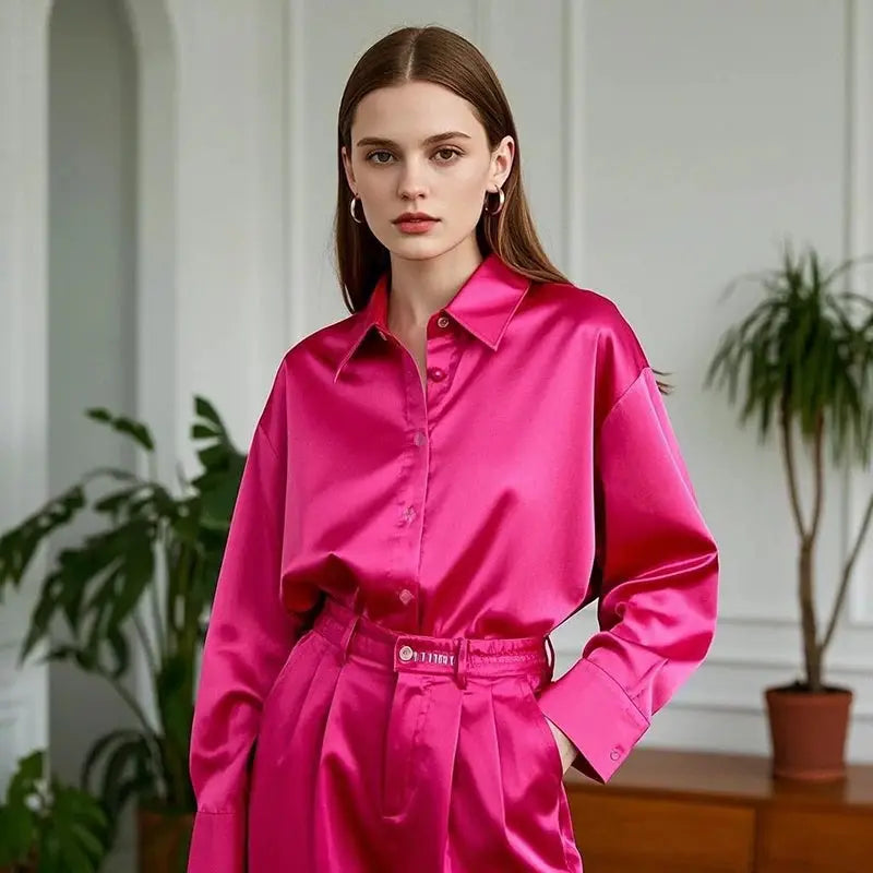 Simples Market hot pink satin shirt for women; silky, solid blouse with a loose fit.