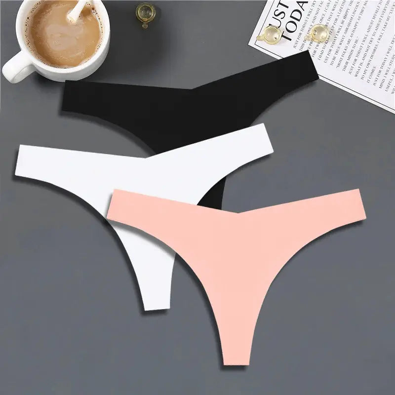 Finetoo 3-pack ice silk seamless thong underwear in black, white, and pink; low-rise V-waist, breathable G-string.