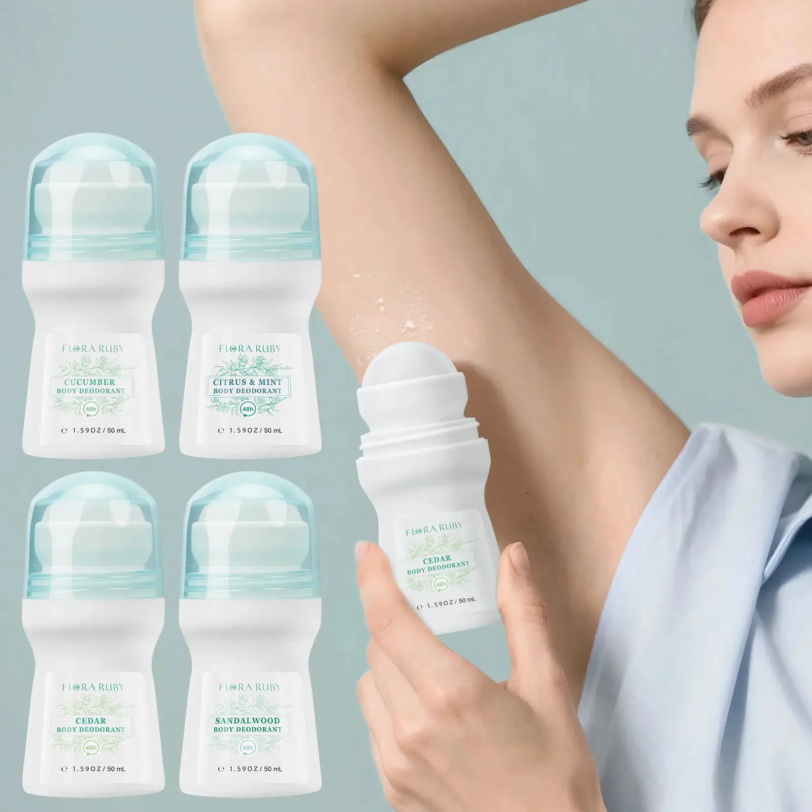 Flora Ruby deodorant roll-on with light green caps; aluminum-free all-purpose for men and women, several bottles shown