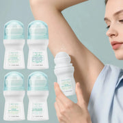 Flora Ruby deodorant roll-on with light green caps; aluminum-free all-purpose for men and women, several bottles shown