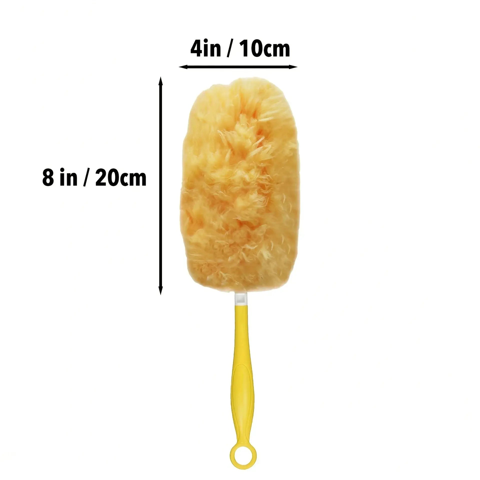 Disposable yellow feather duster with fluffy head and long handle; Simples Market