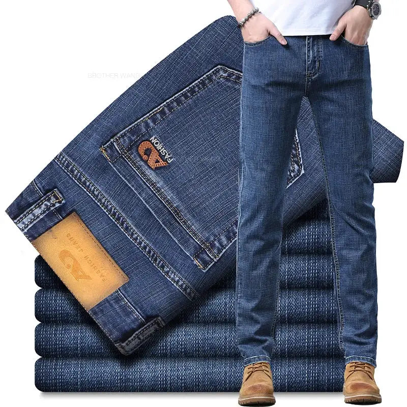 Spring Men's Light Blue Slim Jeans in denim with stretch for casual five-pocket trousers, modern fit essential