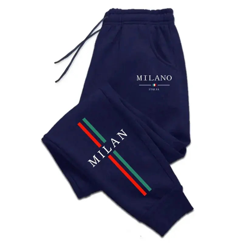 Men's navy jogger pants with Milano logo and red-green stripe on leg, casual athletic sweatpants