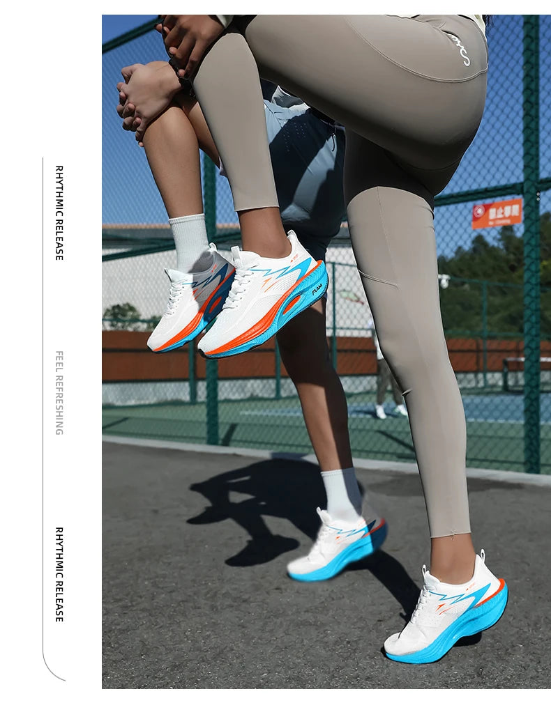 Simples Market white running shoes with blue outsole and orange accents; lightweight, breathable athletic sneakers.