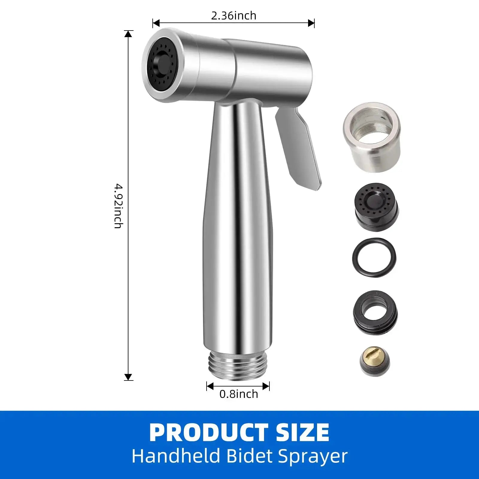 Portable handheld bidet sprayer with chrome finish and included adapters and seals