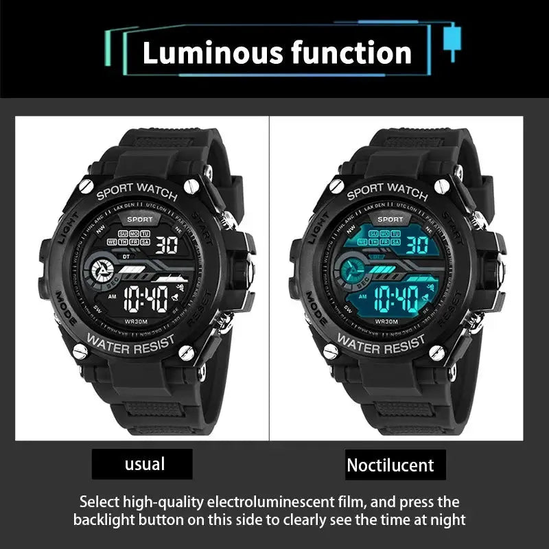 YIKAZE Mens Sports Watch Waterproof Digital LED Military Style Wristwatch With Alarm Clock