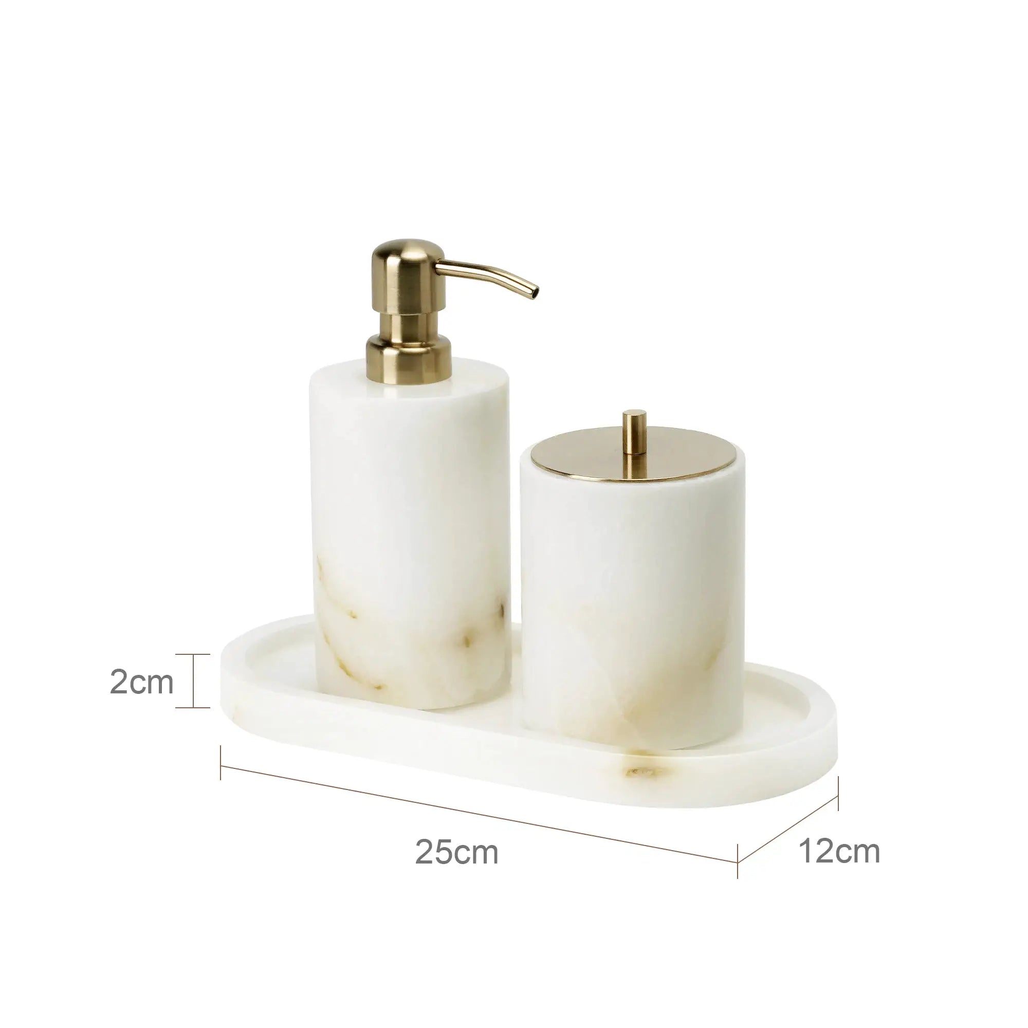 White onyx marble bathroom accessories set with brass pump soap dispenser, tissue box, and vanity tray