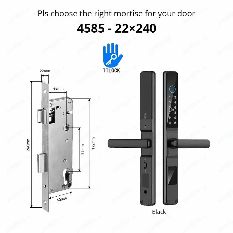 Waterproof sliding-door smart lock TTLock by Simples Market, black aluminum-glass with keypad and fingerprint