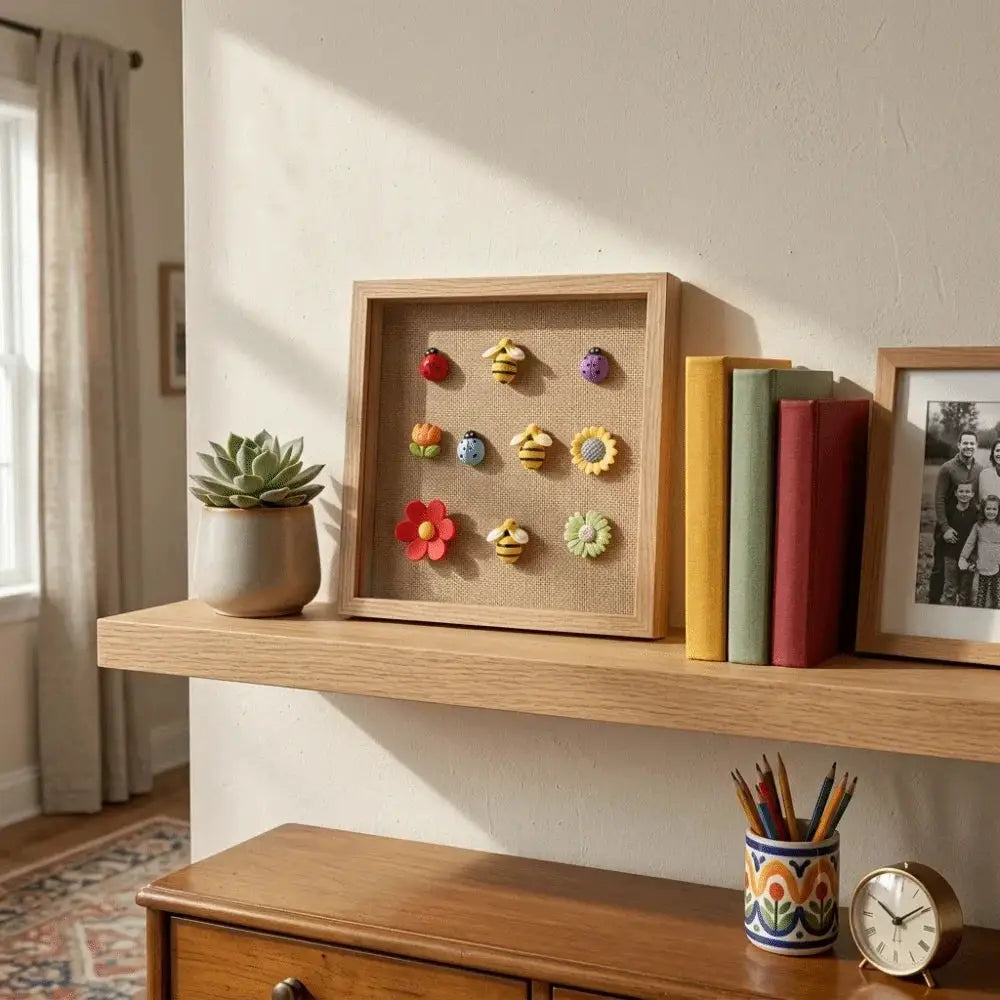 10-piece refrigerator magnets set on a wood-framed burlap board, featuring colorful bees, flowers and ladybugs shapes