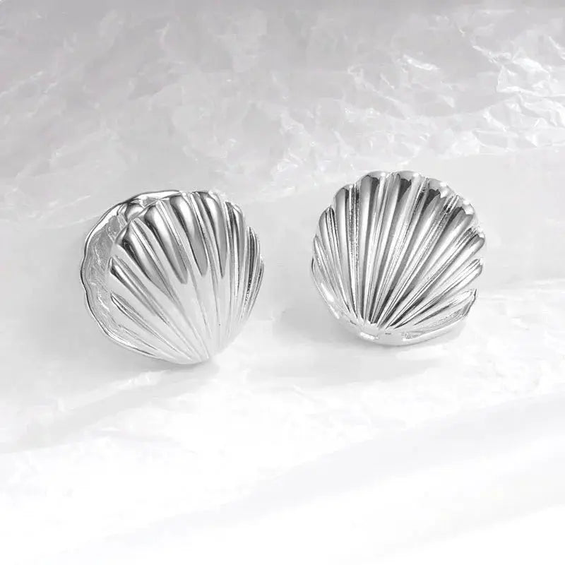 Shell texture stud earrings, silver-tone ocean shell studs (pair) for women