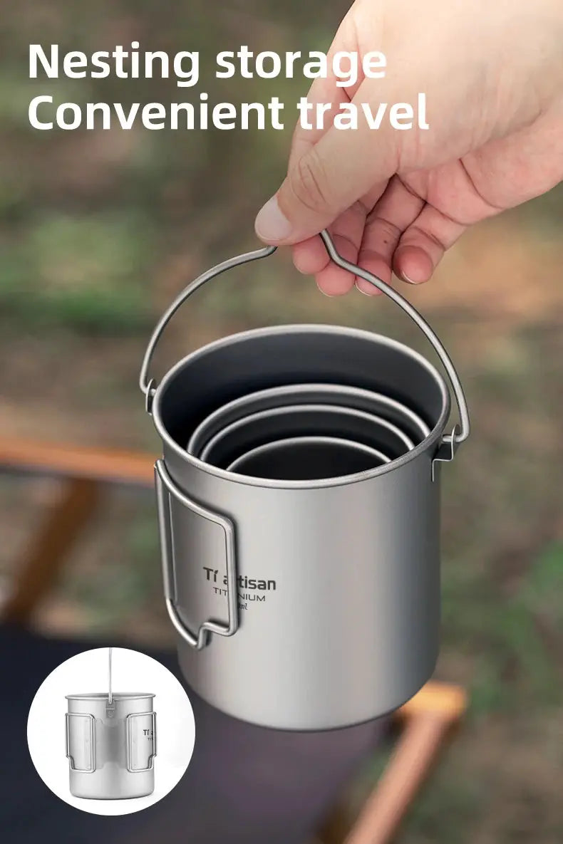 Tiartisan titanium camping mug with folding handle, silver nesting cup for outdoor travel