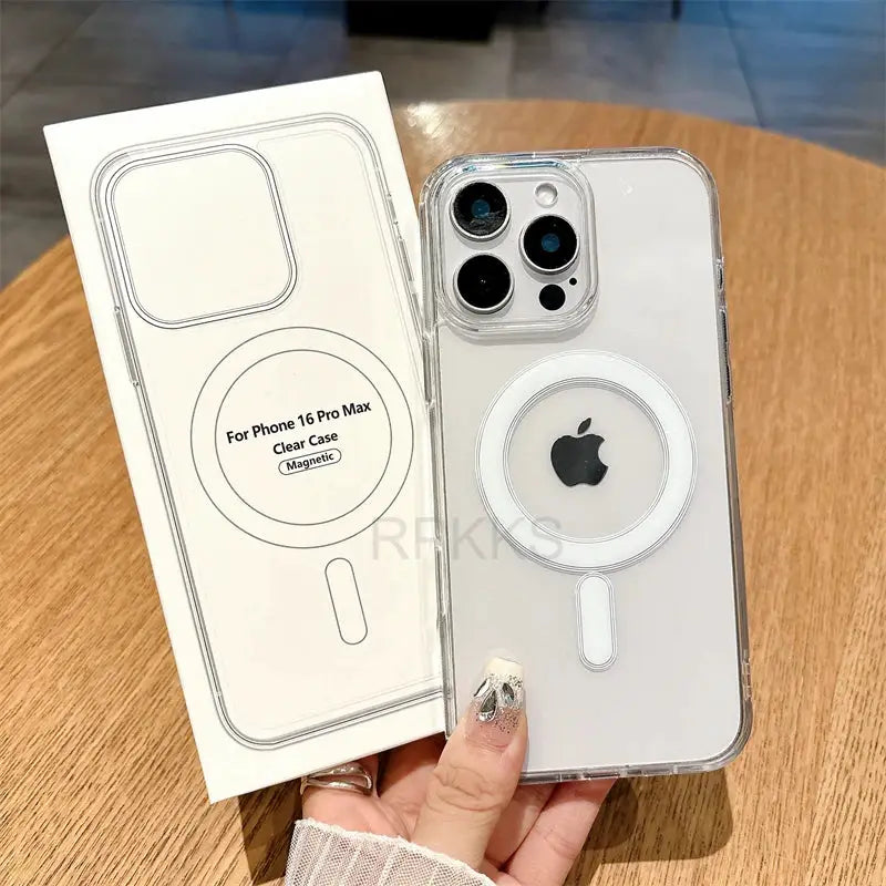 Clear MagSafe iPhone case with circular magnetic ring; 2-piece set with packaging.