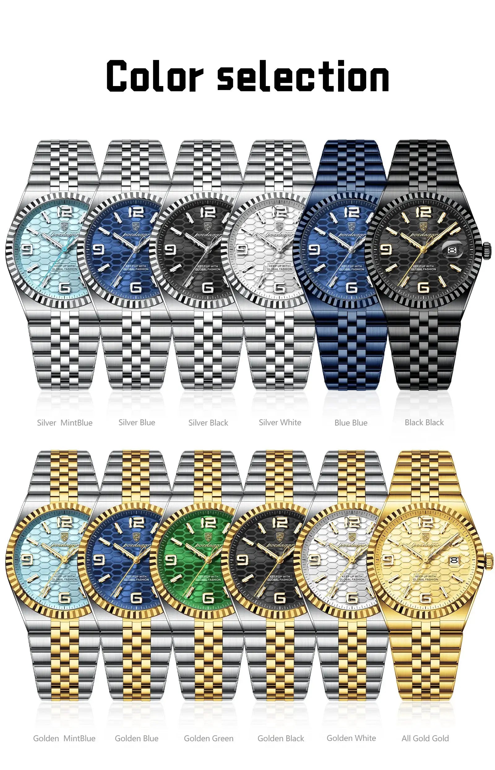 POEDAGAR men's stainless steel watch set with 12 color finishes (silver, blue, black, white, gold) on metal bracelets.