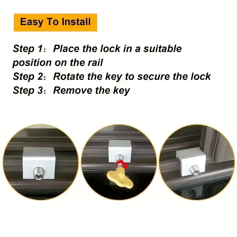 Sliding sash stopper cabinet lock by Simples Market; white mounting block with metal pin and yellow key.