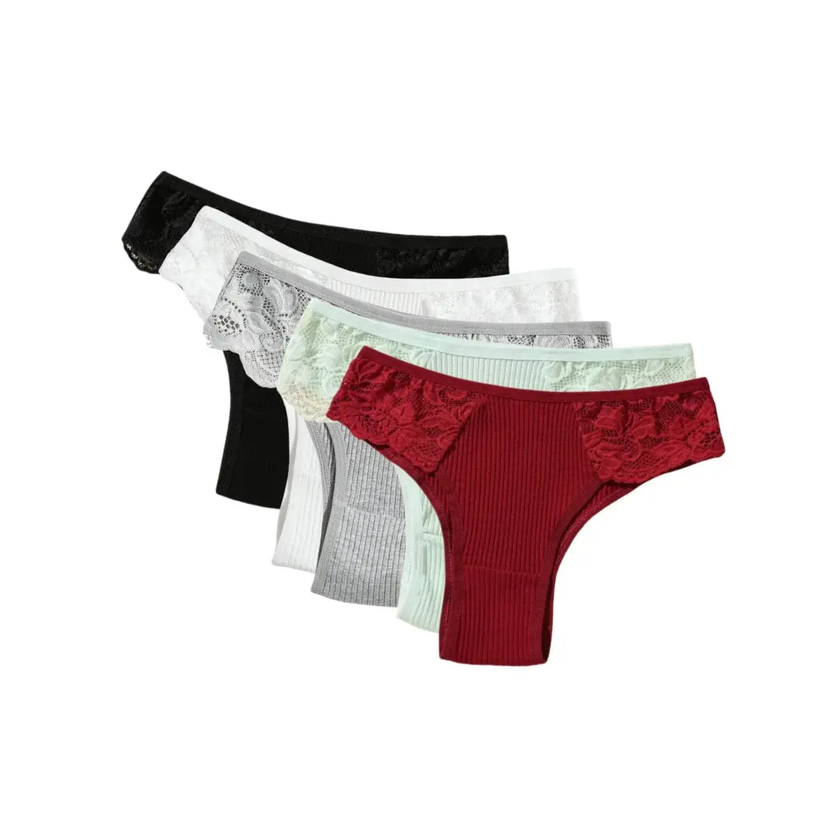5-piece women's cotton panties with floral lace side panels, low-rise ribbed briefs in assorted colors.