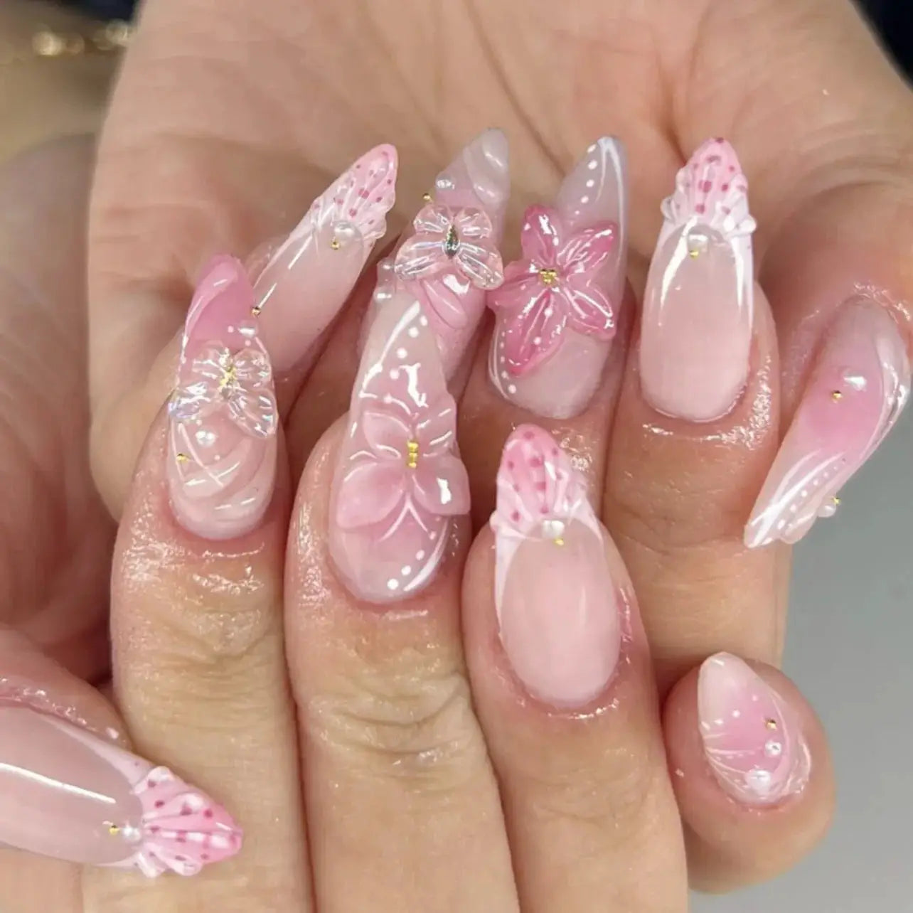 GlamNail Pink Almond Press On Nails Full Coverage Carved Flower 3D Ripple French Tips Golden Pearl Finish