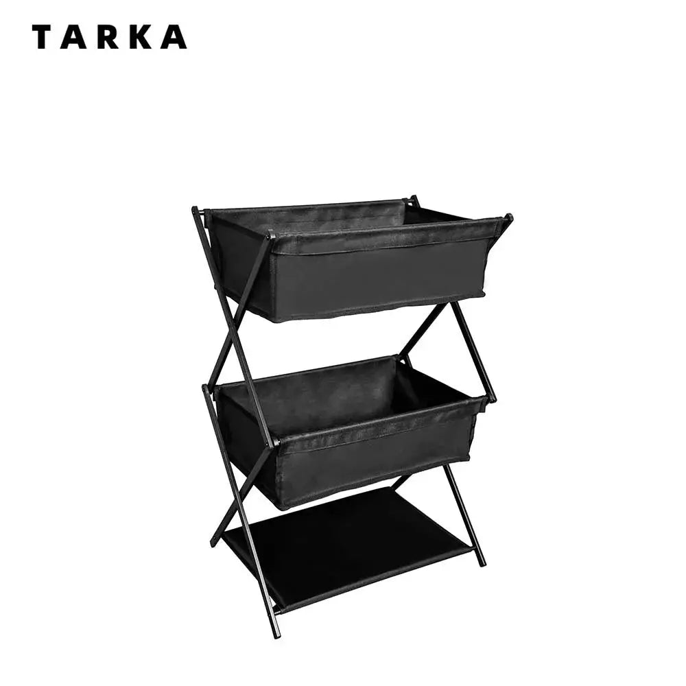 TARKA three-layer folding camping storage rack with black fabric bins and metal frame.