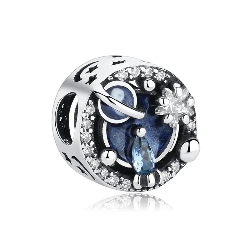 925 sterling silver spaceman charm bead with blue center and zircon accents