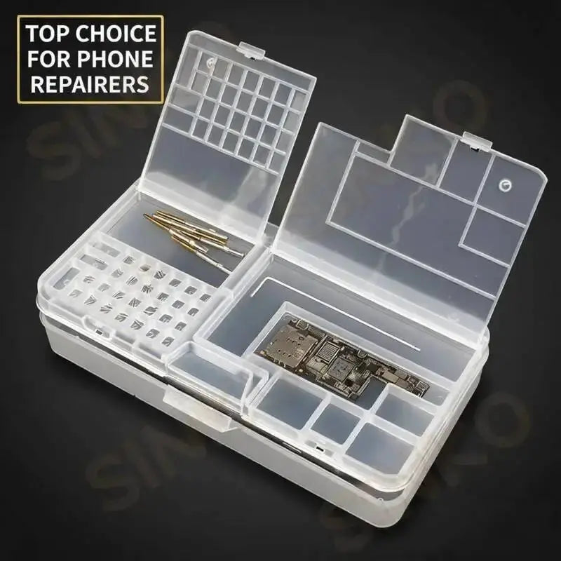 Double-layer phone repair storage box, transparent PVC with compartments for motherboard, screws, chips; 185x93x35mm