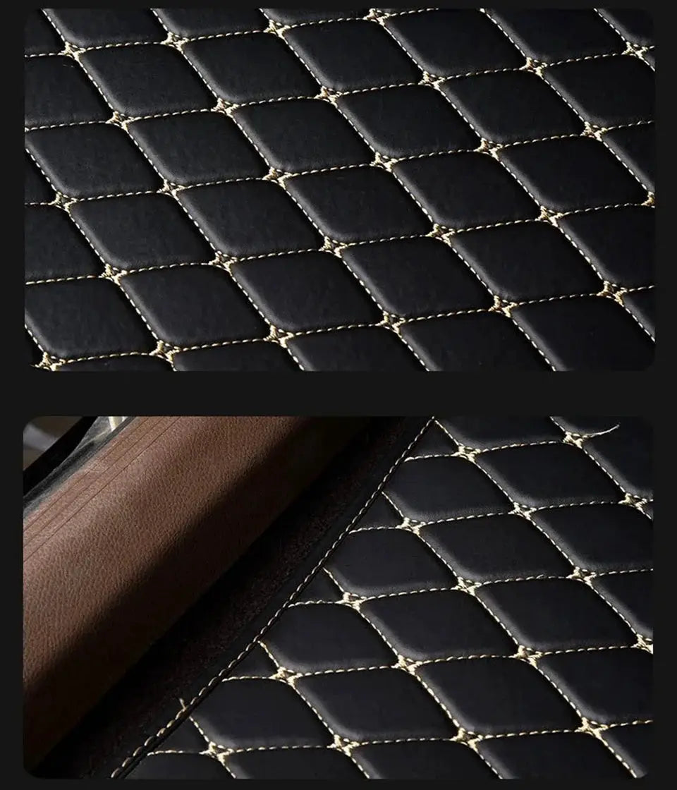 Car floor mats 5-piece set by Simples Market; black PU leather quilted with beige stitching, waterproof