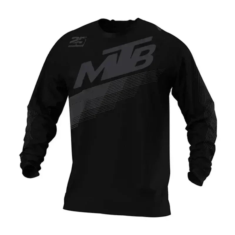Black long-sleeve MTB cycling jersey with gray diagonal MTB logo across chest.