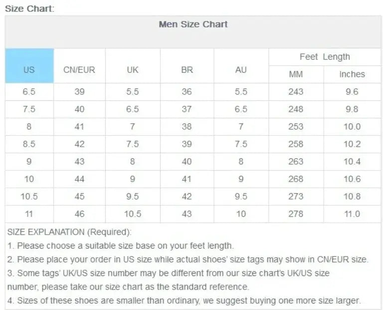 Men's summer sneakers by Simples Market; lightweight mesh sports shoes with a US size chart listing 6.5–11 and foot lengths.