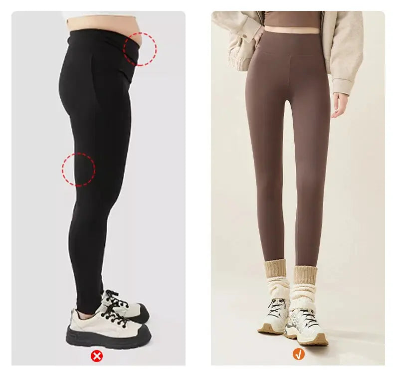 BIVIGAOS fleece-lined leggings for women in black and brown sharkskin fabric, two pairs