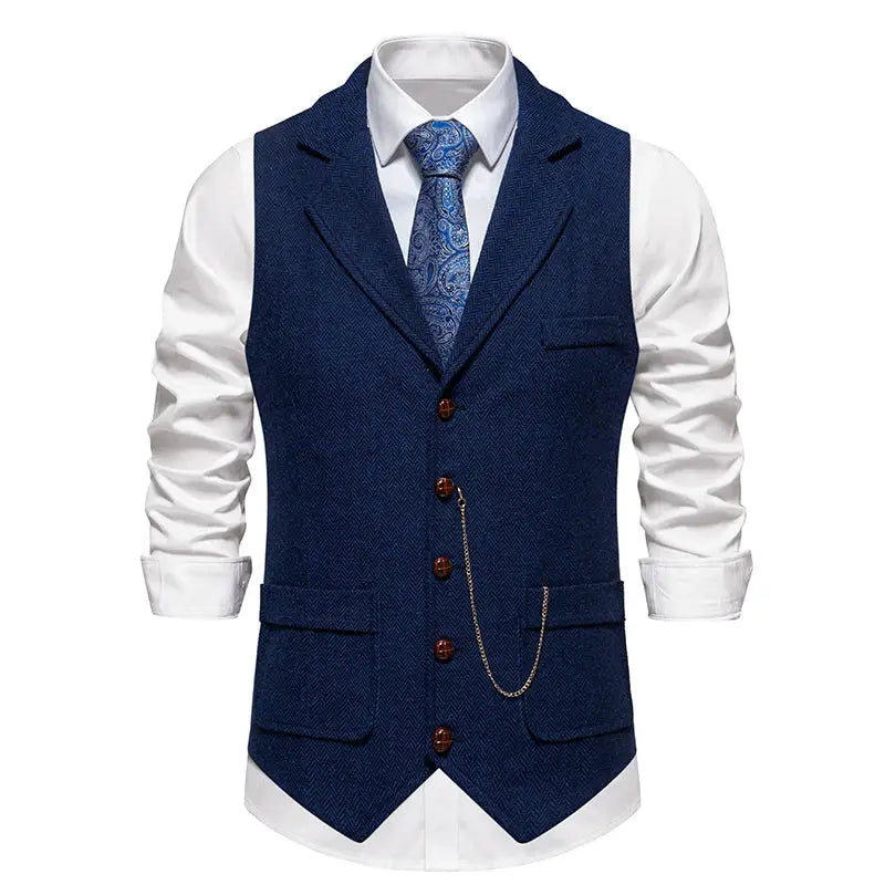 Men's retro lapel chain vest in navy herringbone tweed with brown buttons and pocket details