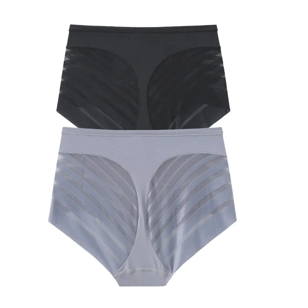 2-pack ice-silk tummy-control shapewear panties, mid-waist with mesh panels, black and gray butt-lifter design