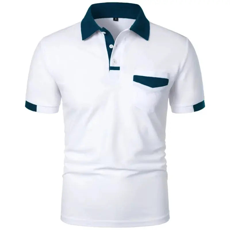 Men's white short-sleeve polo shirt with teal collar, teal sleeve trims and pocket trim