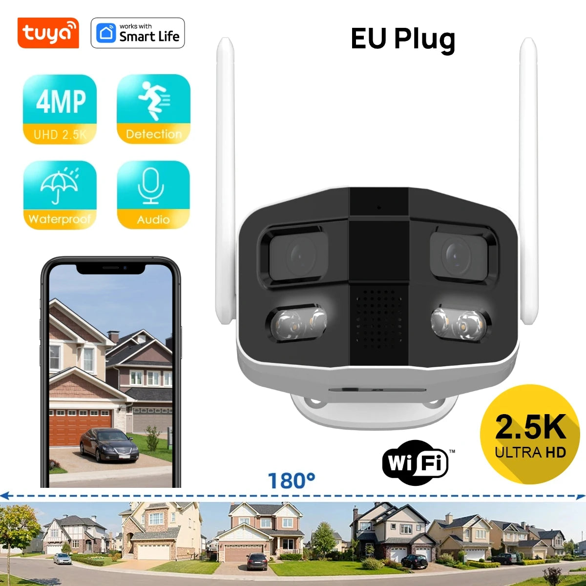 Tuya Smart 4MP 2.5K dual-lens outdoor security camera by Simples Market with color night vision, siren and two-way audio
