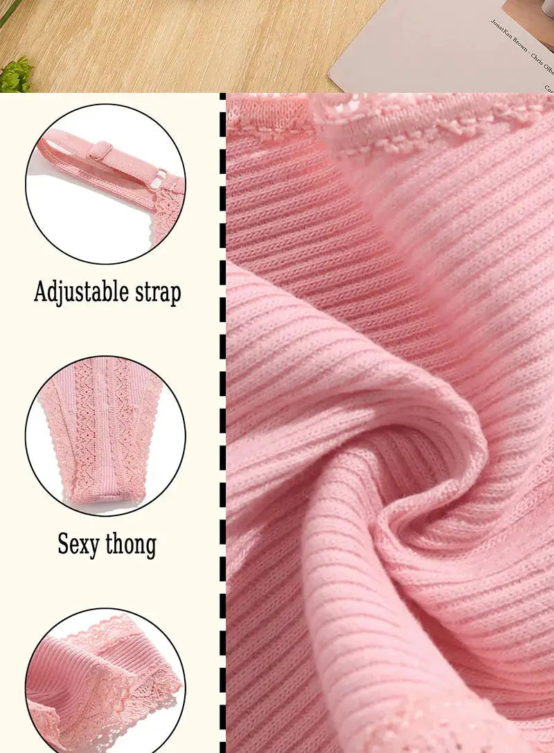 Pink cotton thong panties set with adjustable waist, 5-piece lingerie collection