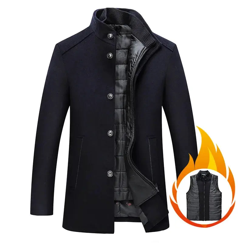Men's navy wool trench coat with quilted lining by Simples Market, warm winter outerwear, plus sizes M–XXXL