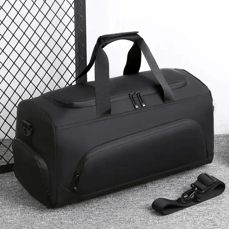 Simples Market sports gym bag, large black duffel with multiple compartments and detachable shoulder strap