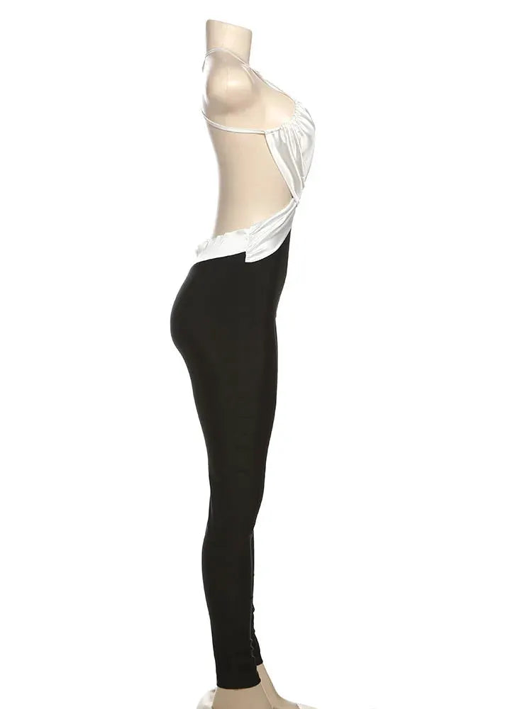 Simples Market kliou cross-pleated backless jumpsuit with silky white halter top and black skinny pants