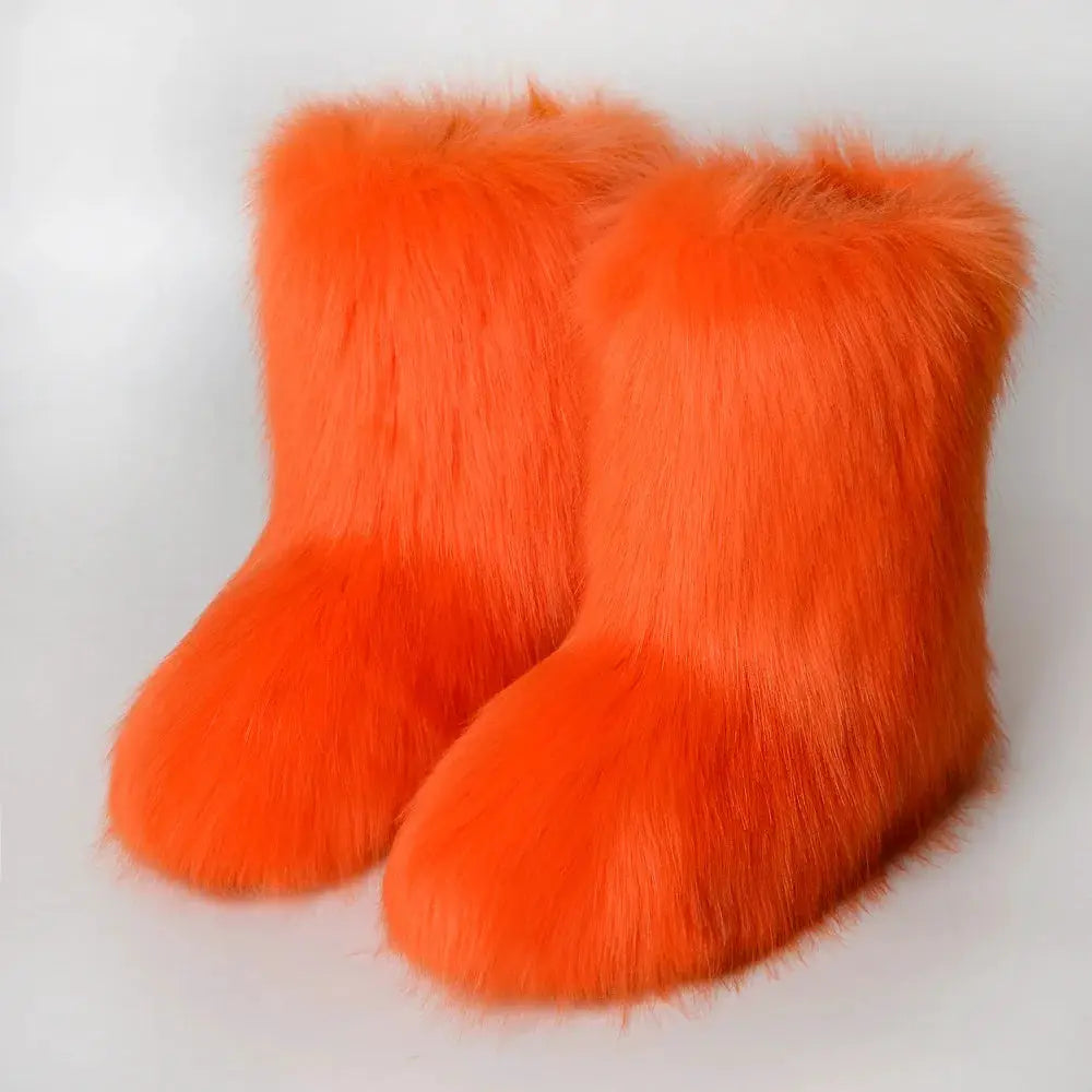 Women's Winter Snow Boots With Plush Faux Fox Fur Mid Calf Warm Platform Shoes For Cold Weather Outdoor