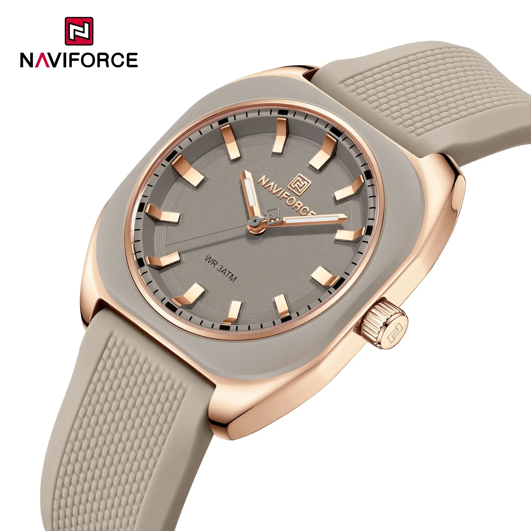 NAVIFORCE women's wristwatch with beige silicone band and rose-gold case