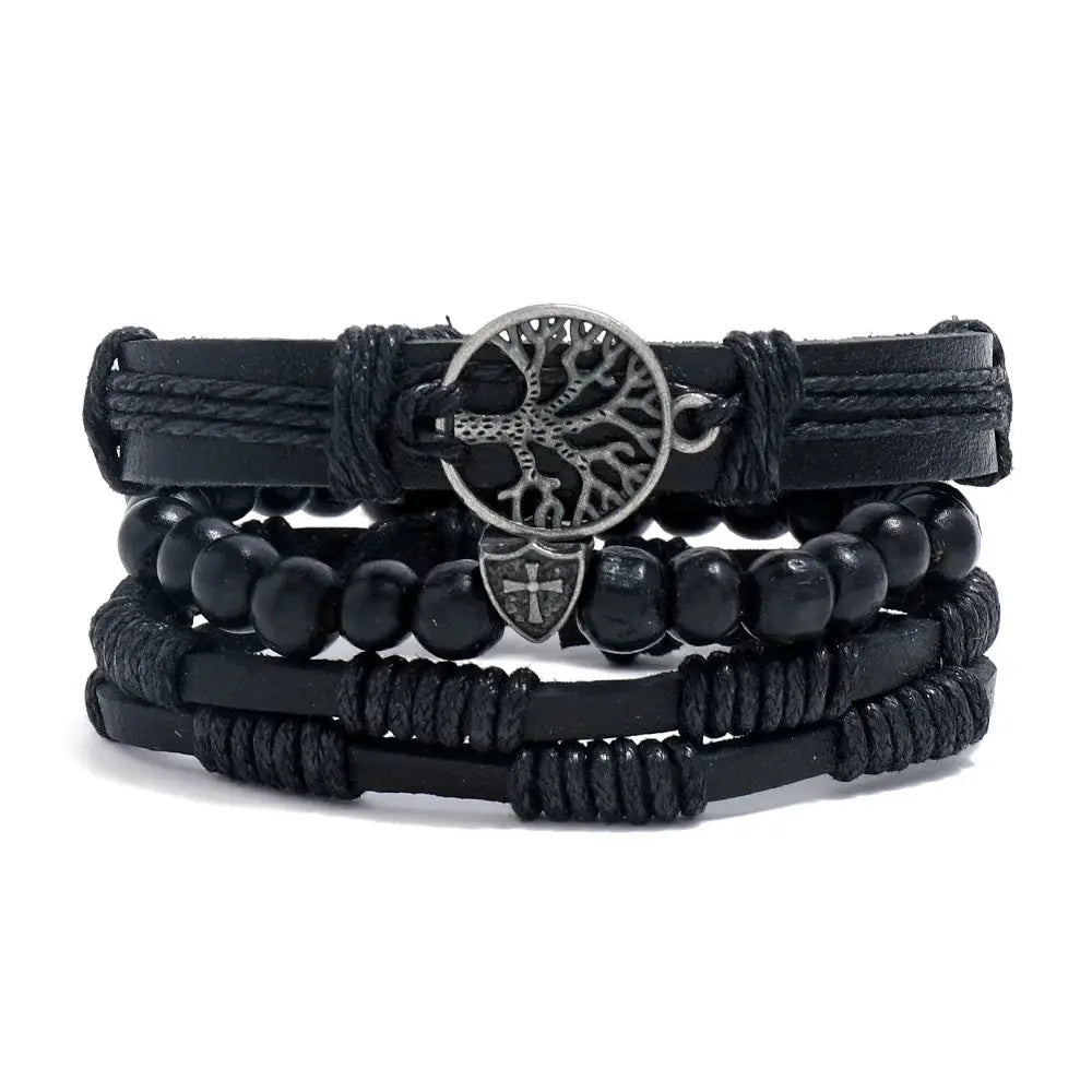 4 Piece Set Braided Leather Wrap Bracelets For Men Vintage Life Tree Rudder Charm Wood Beads Ethnic Tribal Wristbands