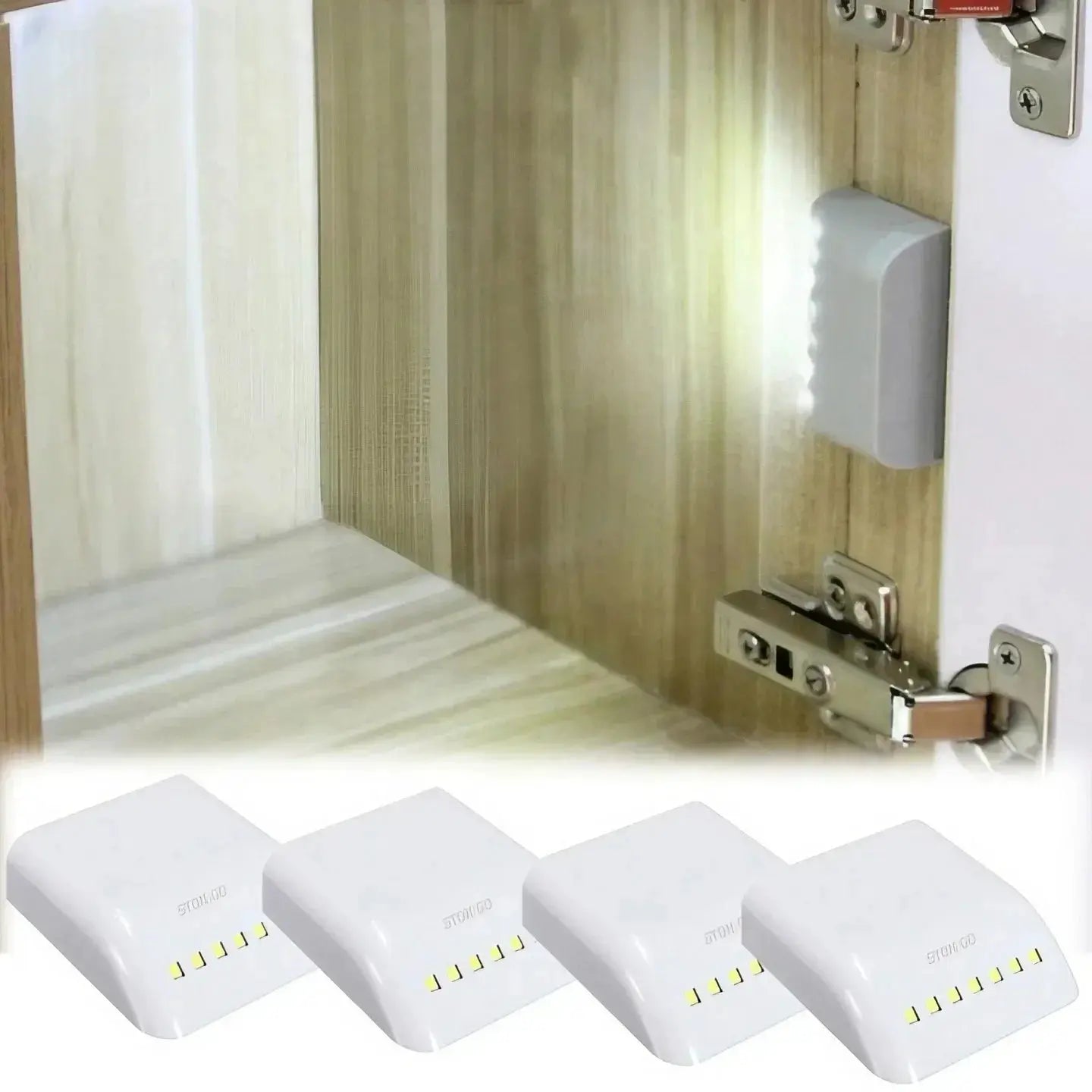 Simples Market LED cabinet light; wireless motion sensor inner-hinge wardrobe lamp for cupboards, 4-pack white LEDs.