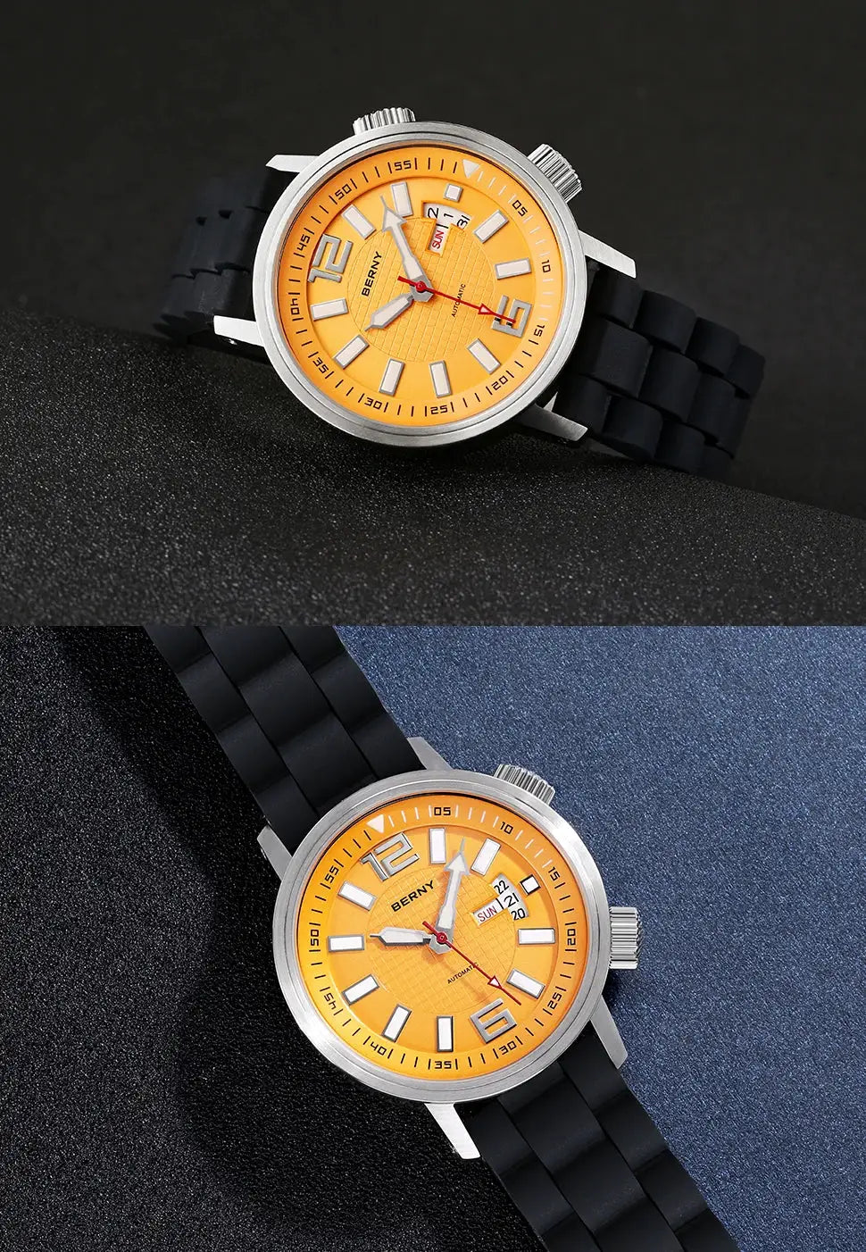 BERNY 20ATM diver automatic watch for men with orange dial, stainless steel case, black silicone strap, luminous markers