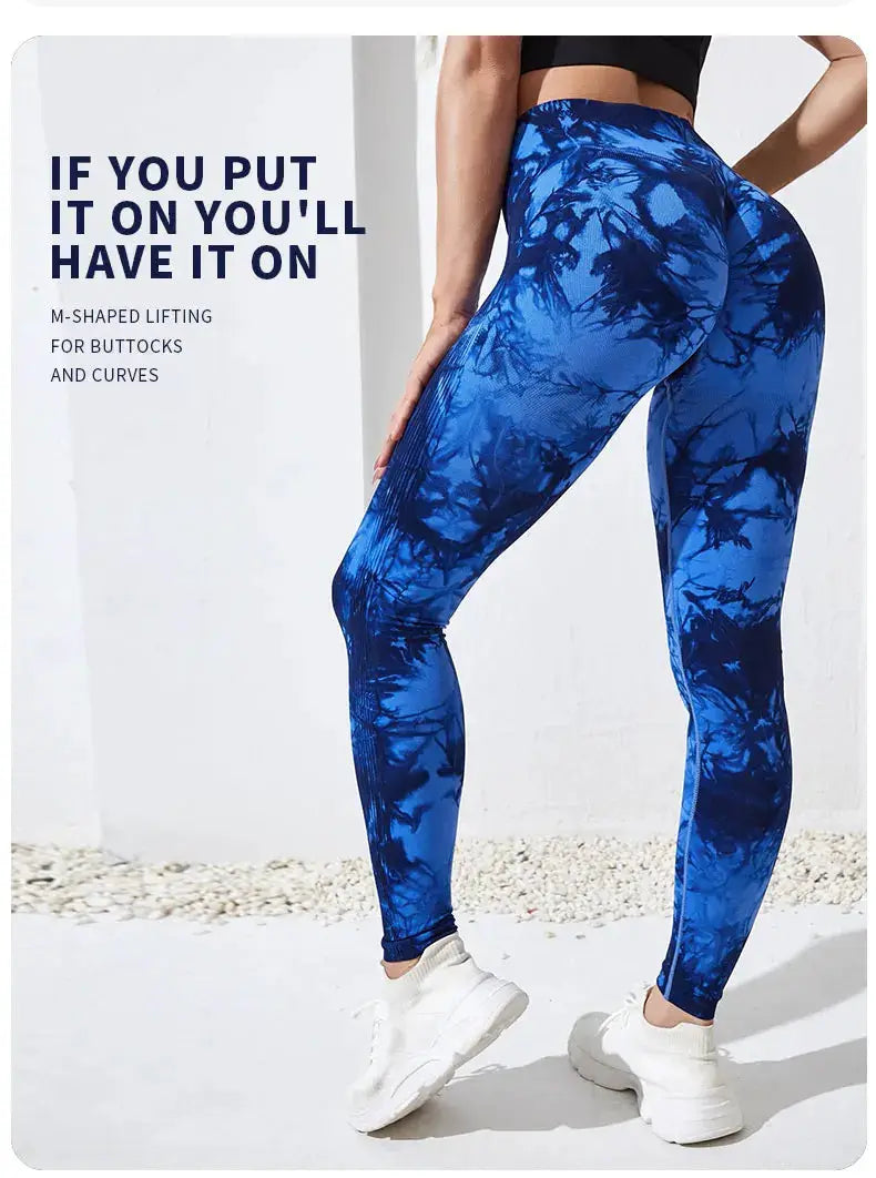 Women's blue tie-dye high-waist leggings, 9/10 length, stretchy yoga pants
