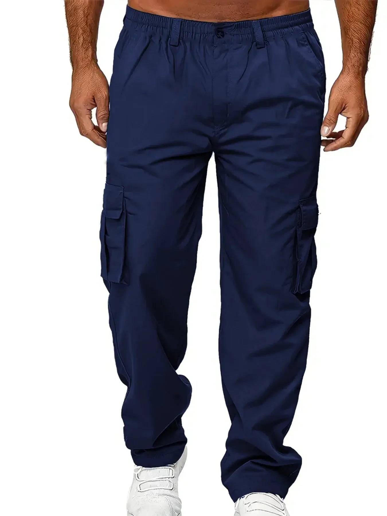 Men's navy cargo pants with multiple pockets and elastic waistband, loose straight-leg outdoor trousers