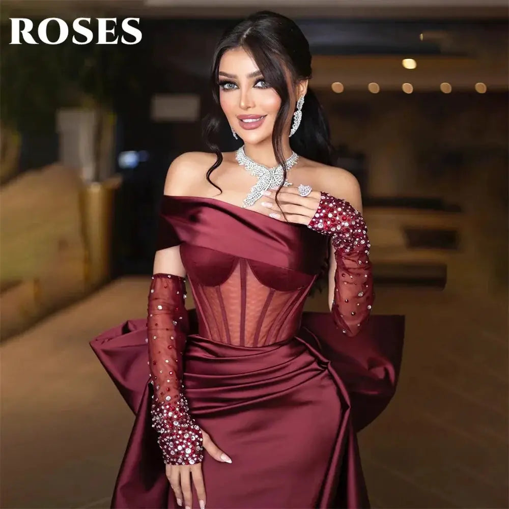 Roses Burgundy Mermaid Prom Dress One Shoulder Beading Bow Sleeve