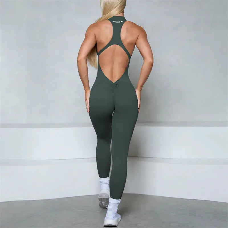 Women's green sleeveless jumpsuit with open-back cutout and scrunch-butt design for gym wear