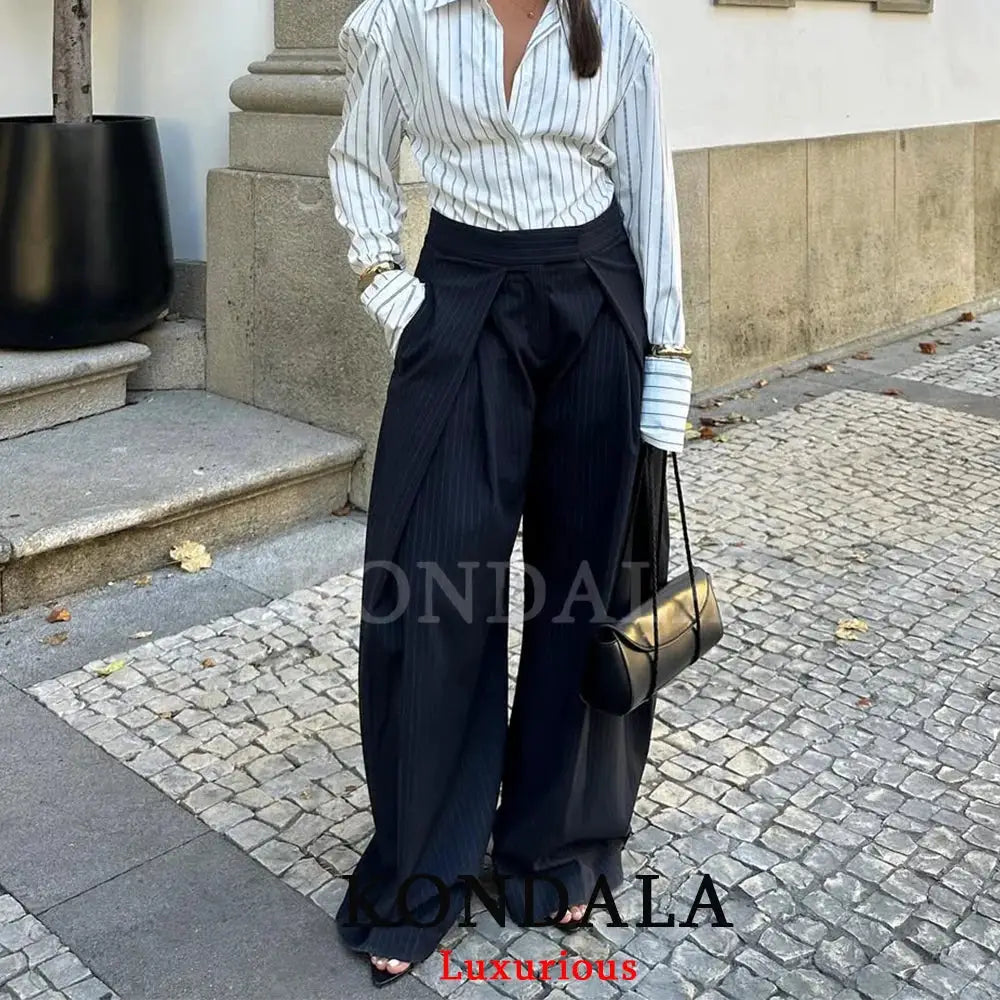 KONDALA Casual Chic Wide Leg Pants For Women High Waist Pleated Trousers With Pockets Office Lady